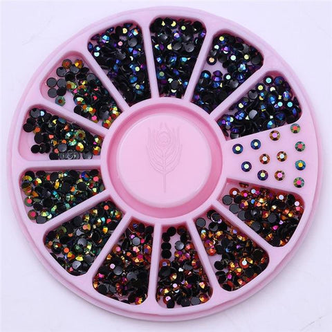 1 Box Black Shiny Nail Rhinestones 3D Nail Art Decorations in Wheel Flat Bottom Manicure DIY Nail Art Accessories