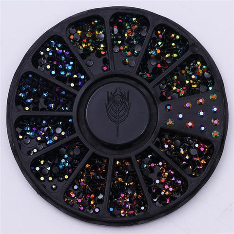 1 Box Black Shiny Nail Rhinestones 3D Nail Art Decorations in Wheel Flat Bottom Manicure DIY Nail Art Accessories
