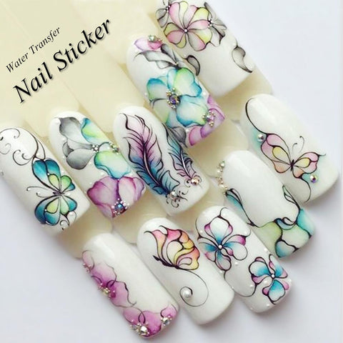 1 Sheet Water Decals Nail Art Stickers  Flowers Cartoon 2017 New Designs Watermark Transfer Red Colorful Manicure SASTZ501-512