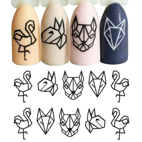 1 Sheet Water Nail Stickers Black Cartoon Animal Flamingo Fox Hollow Designs Sliders For Nail Decals DIY Manicure SASTZ651-654