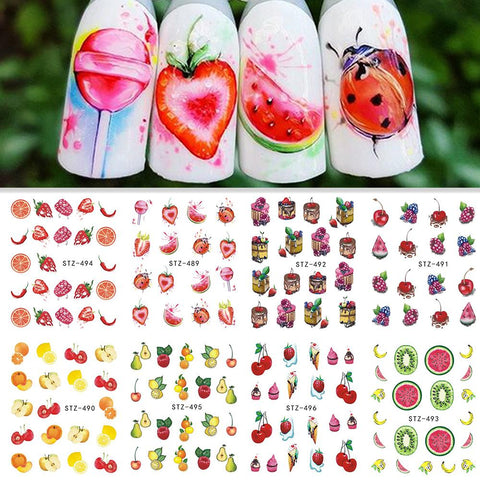1 Sheet Water Transfer Nail Sticker Decals Fruit Cream Cake Cat Beauty Decoration Designs DIY Color Tattoo Tip SASTZ489-500