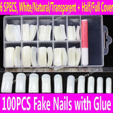 100 pcs False Nails with Glue & Case Set Acrylic Artificial Fake Nails Half Full Cover White Natural Transparent Skin Color Tips