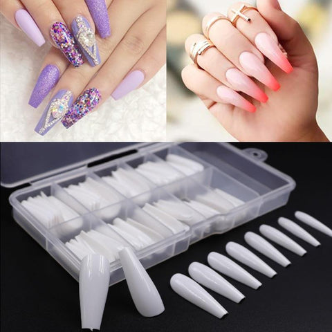 100pcs/box Fake Nail Artificial Long Ballerina Clear/Natural/white False Coffin Nails Art Tips Full Cover Manicure + Jewelry Box