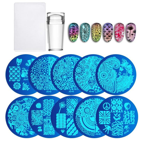 10Pcs Nail Plates + Clear Jelly Silicone Nail Art Stamper Scraper with Cap  Stamping Template Image Plates Nail Stamp Plate Tool