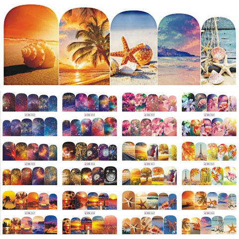 12 Designs Nail Polish Sticker Water Decals Summer Beach Starry Sky Floral Slider Nail Art Decor Full Wraps Manicure BEBN853-864