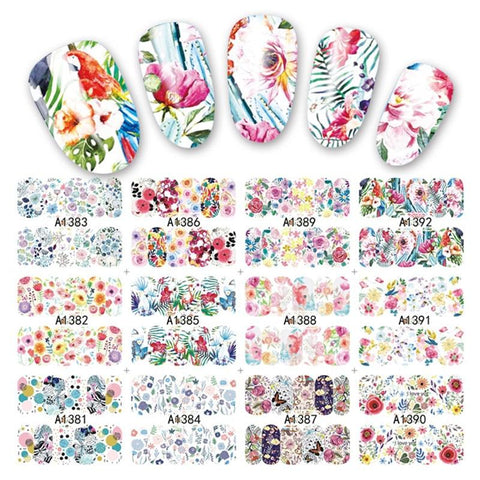 12Designs/sheet Lot Water Decal Transfer Nail Art Nail Stickers Slider Full Cover Sun Flower Daisy Lily Jasmine Primrose