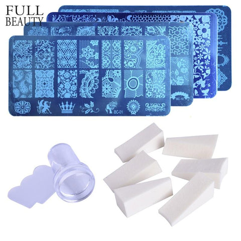 1pc Nail Stamping Plate+8pc Gradient Sponge+1pc Clear Jelly Silicone Stamper Scraper Steel Stencils Set Nail Art Template CH804