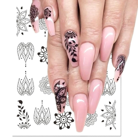 1pcs Black Flower Nail Sticker Water Decals Hollow Tattoo Flora Wings Stencils for Nail Art Decoration Sliders Manicure BESTZ647