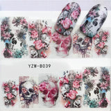 1pcs Skull Nail Water Transfer Decals Nail Art Sticker Black Flowers Watermark Adhesive Sliders Wraps Decoration Manicure