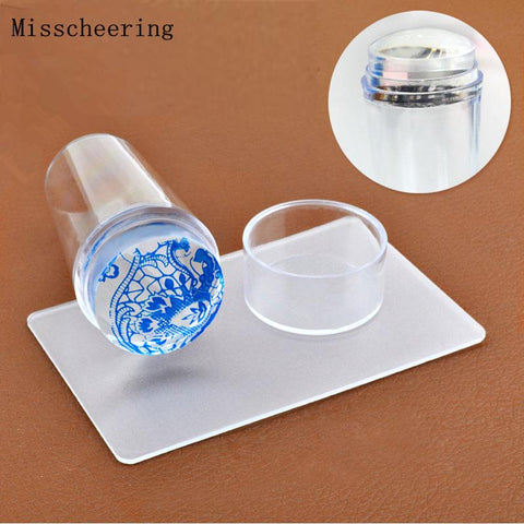 1set Unique New Design Pure Clear Nail Art Stamper Scraper Set with Cap 2.8cm Transparent Silicone Marshmallow Nail Stamp Tools