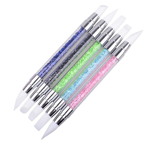 2 Way Rhinestone Crystal Nail Art Brush Pen Silicone Head Carving Emboss Shaping Hollow Sculpture Acrylic Manicure Dotting Tools