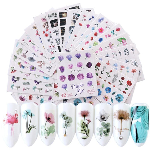24 Sheets/sets Nail Water Sticker Flower Flamingo Beauty Slider Bloom Colorful Plant Pattern 3D Manicure Sticker TRSTZ683-706