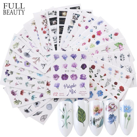 24pcs Watercolor Floral Flower Sticker Nail Decals Set Flamingo Sea Horse Designs Gel Manicure Decor Water Slider CHSTZ683-706