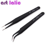 2Pcs Stainless Steel Curved Straight Black Tweezer Nail Art Rhinestones Nipper Picking Tool Sequins Beads