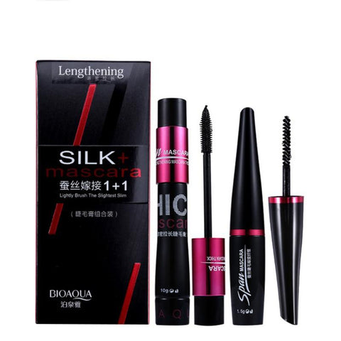 2pcs/set Black Mascara Waterproof Silk Fiber Volume Double Effect Long Lasting Lengthening Curling Eyes Makeup