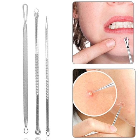 3pcs Silver Blackhead Comedone Extractor Acne Tool Blemish Extractor Pimple Remover Cosmetic Tool Stainless Acne Needles Remove