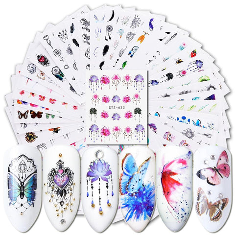 40pcs Watermark Slider Nail Stickers Decal Water Transfer Tattoo Flower Butterfly Decoration Manicure Adhesive Tip JISTZ608-658