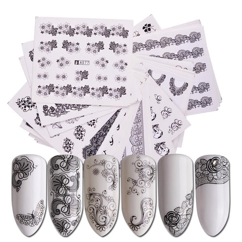 40pcs White Black Nail Stickers Water Transfer Decals Lace Flowers Butterfly Slider for Nail Art Decoration Manicure JIA577-624