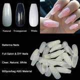 600pcs/Bag Ballerina Nail Art Tips Transparent/Natural False Coffin Nails Art Tips Flat Shape Full Cover Manicure Fake Nail Tips