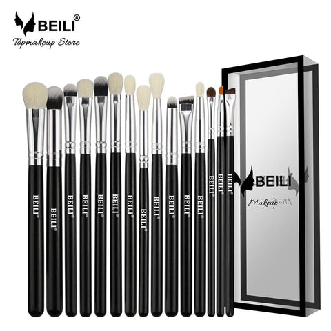 BEILI Black 15Pcs Natural Goat Pony hair Eye shadow Blending Eyeliner Eyebrow Smoke shade Makeup brush Set