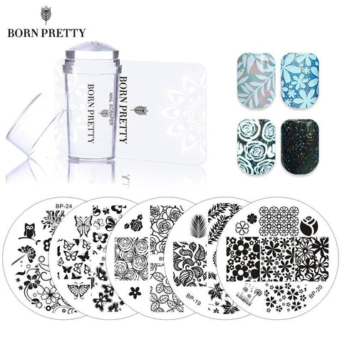 BORN PRETTY 5 Pcs Flowers Nail Stamping Plates Set with Clear Jelly Stamper Scrapper Flower Leaf Nail Art Image Plate Kit