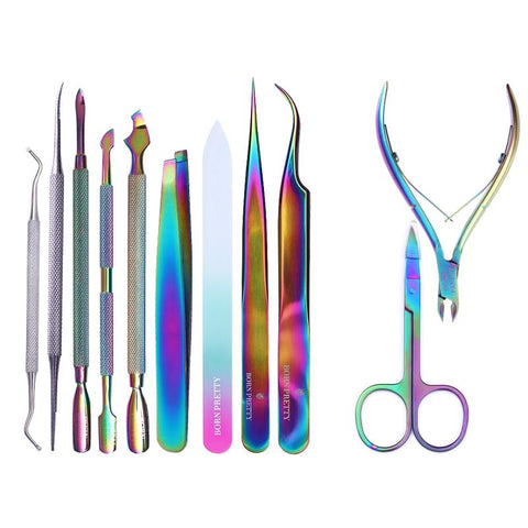 BORN PRETTY Chameleon Rainbow Nail Cuticle Pusher Clipper Scissor Nipper Tweezer Picker Steel Manicure Nail Art Tools