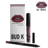 BUD K Hot Brand Lip Gloss +Lip Pencil 2PCS/SET Cosmetics Makeup Waterproof Lipstick Long Lasting Liquid Matte Lipstick For Women