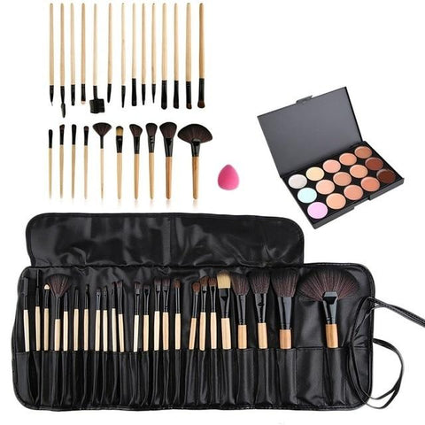 Beauty Professional Makeup Brushes Concealer Fashion 24pcs Makeup Cosmetic Brushes +15 Color Concealer Platte + Sponge Puff Set