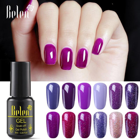 Belen Pureple Red Pure Glitter Color UV Gel Polish 8ml Lacquer Semi Vernis Permanant Long Lasting Varnish Manicure Base Top