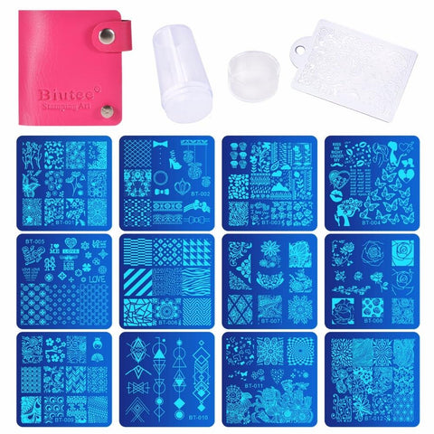 Biutee 12 Pcs Nail Manicure Plates +1 Polish Stamper + 1 Scraper Set Nail Art Stamp Plate Stamping Templates Stamper Scraper Kit