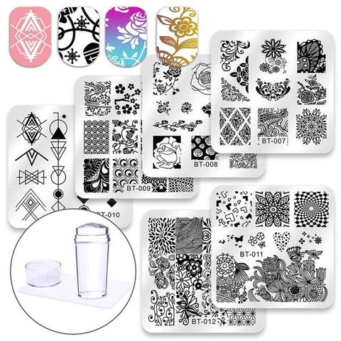 Biutee 6 Pcs Square Nail Stamping Plates Set Lace Flower Animal Pattern Nail Art Stamp Template Image Plate Stencils Tool Kits