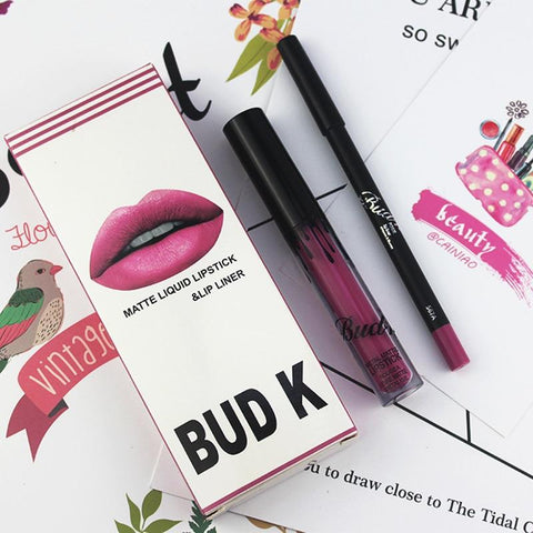 Brand new matte lipstick BUD K matte liquid lipsticks+lips pencil sexy red lipkit cosmetics kit batom nude candy k lip gloss