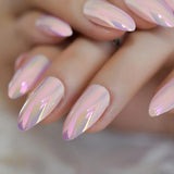 Chrome Holographic Fake Nails Light Pink Mirror Shiny False Nails Finger Full Wrap DIY Nail Tips with Glue Stiker