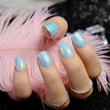 Chrome Holographic Fake Nails Light Pink Mirror Shiny False Nails Finger Full Wrap DIY Nail Tips with Glue Stiker