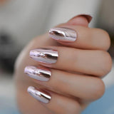 Chrome Holographic Fake Nails Light Pink Mirror Shiny False Nails Finger Full Wrap DIY Nail Tips with Glue Stiker