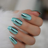 Chrome Holographic Fake Nails Light Pink Mirror Shiny False Nails Finger Full Wrap DIY Nail Tips with Glue Stiker