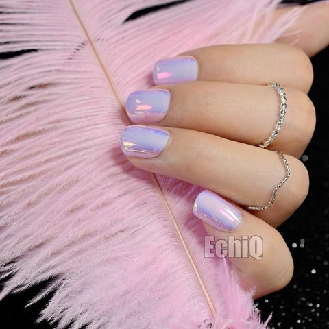 Chrome Holographic Fake Nails Light Pink Mirror Shiny False Nails Finger Full Wrap DIY Nail Tips with Glue Stiker