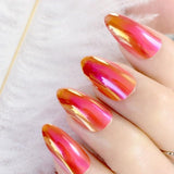 Chrome Holographic Fake Nails Light Pink Mirror Shiny False Nails Finger Full Wrap DIY Nail Tips with Glue Stiker