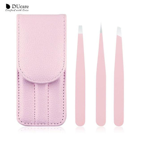 DUcare 3 PCS Eyebrow Tweezers Stainless Steel Point Tip/Slant Tip/Flat Tip Hair Removal Makeup Tool Kit with Bag