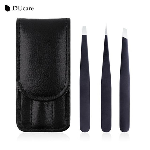 DUcare 3 PCS Eyebrow Tweezers Stainless Steel Point Tip/Slant Tip/Flat Tip Hair Removal Makeup Tool Kit with Bag