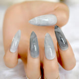 Extra long Stiletto Grey Marble Fake Nails Stone Pattern Pointed Dark Shiny Long Press On False Nails for Finger 24 Count