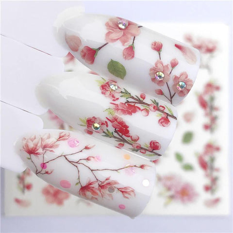 FWC 1 PC Pink Petals / Flowers / Green Leaves Water Transfer Sticker Nail Art Decals DIY Fashion Wraps Tips Manicure Tools