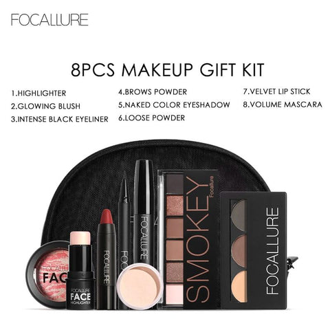 "Focallure 8 pcs/set Makeup set including  Lipstick, eyeliner,Mascara, Eyeshadow, Eyebrow Powder,  Blush, Highlighter Cosmetics"