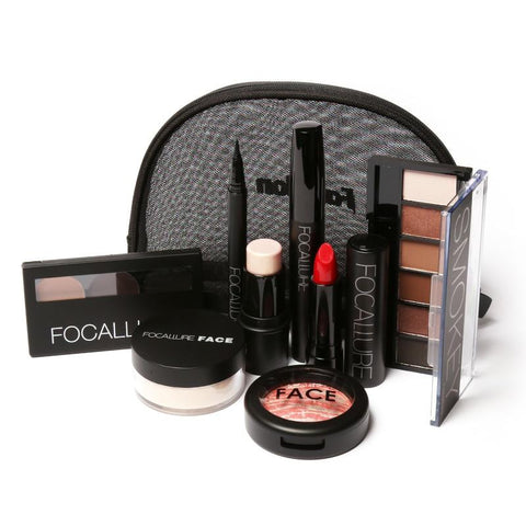 Focallure Makeup Tool Kit 8pcs Warm Nude Face Eye Lip Make Up Cosmetics With Shimmer Eyeshadow Powder Black Eyeliner Mascara