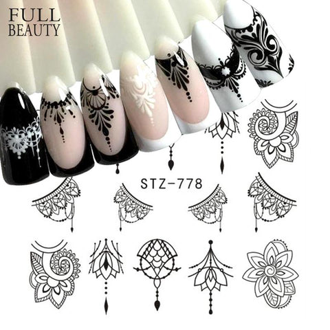 Full Beauty 1 Sheet Jewelry Nail Sticker Black Floral Decals Manicure Water Transfer Slider Foil Design Decorations CHSTZ766-778