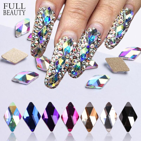 Full Beauty Crystal AB Rhombus Nail Glitter Rhinestones Glass Flat Back 3D Diamond 6X10mm Paillette Nail Art Decorations CH717