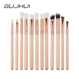 GUJHUI 12Pcs Professional Eyes Makeup Brushes Set Wood Handle Eyeshadow Eyebrow Eyeliner Blending Powder Smudge Brush #257601