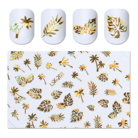 Holographic Gold 3D Nail Sticker Coconut Tree Leaf Holo Laser Adhesive Decal Sticker Manicure Nail Art Decoration 1 Sheet