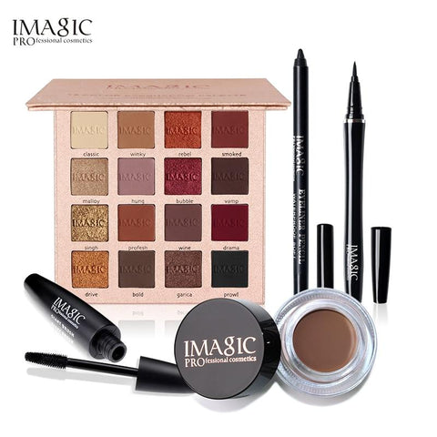 IMAGIC 5PCS Shimmer Matte 16  Colors Eyeshadow Palette Black Color Mascara Liquid Eyeliner Pencil with Eyebrow