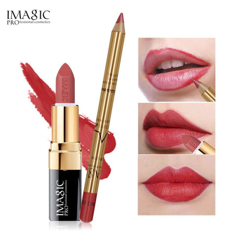 IMAGIC New 2Pcs Easy Waterproof  Makeup  Lipliner Pencil  Matte Lipstick  Makeup Set